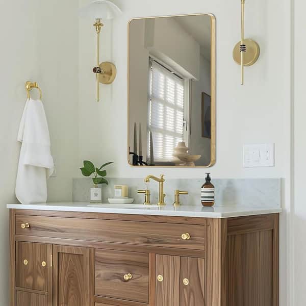 LuxHomez 24 in. W x 36.2 in. H Rectangular Aluminum Frame Square Gold Wall Mirror