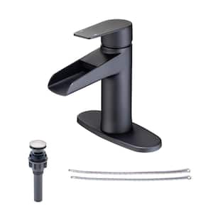 Waterfall Single-Handle Single Hole Low-Arc Bathroom Faucet with Deckplate and Drain Kit Included in Matte Black