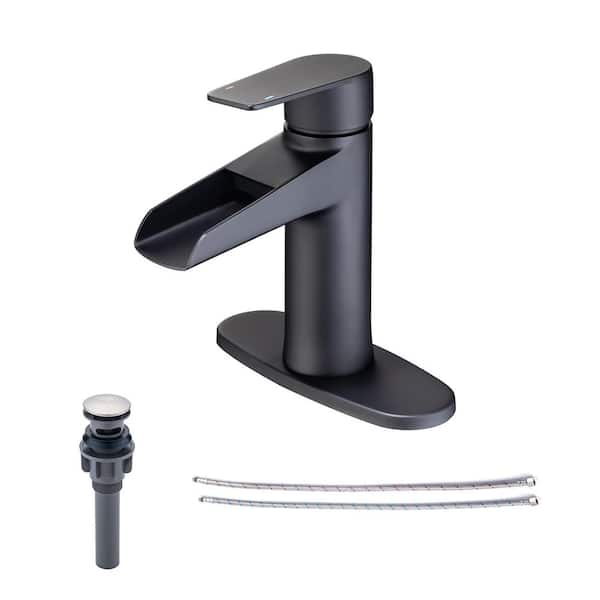RAINLEX Waterfall Single-Handle Single Hole Low-Arc Bathroom Faucet with Deckplate and Drain Kit Included in Matte Black