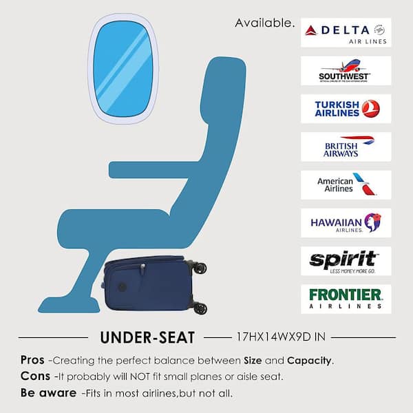 14 in. Blue Spinner Carry On Underseat Luggage with USB Port, Softside Small Suitcase, Plus