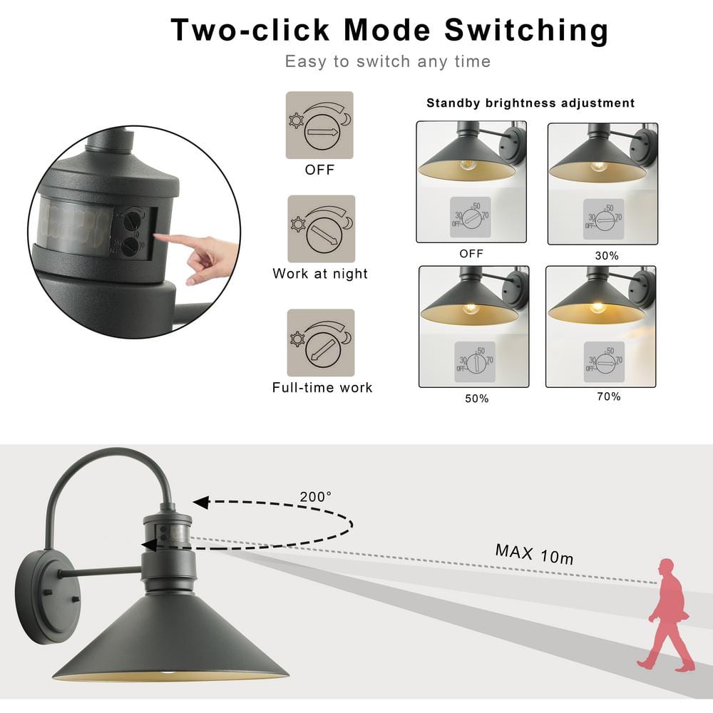 Black Metal Dimmable Motion Sensor Outdoor Wall Sconce