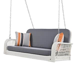 Outdoor 2-Person White Wicker Hanging Porch Swing with Gray Cushions