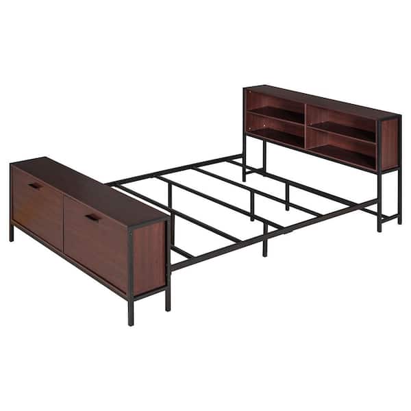 Angel Sar Brown Metal Frame Queen Platform Bed with Storage Cabinets in the Headboard and Footboard