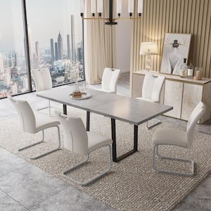 7-Piece Gray Rectangular Extendable Dining Table Set, Wooden Table with 6-White Chairs