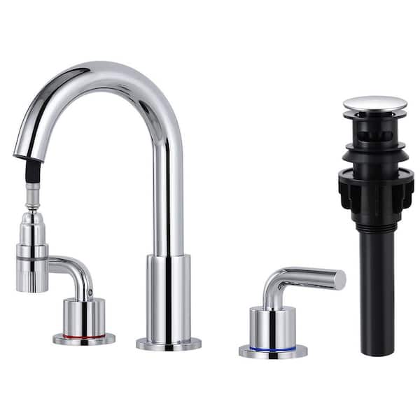 AKLFGN 8 in. Widespread Double Handle Bathroom Faucet 3 Hole Pull Down Sink Faucet with Pop-Up Drain in Polished Chrome