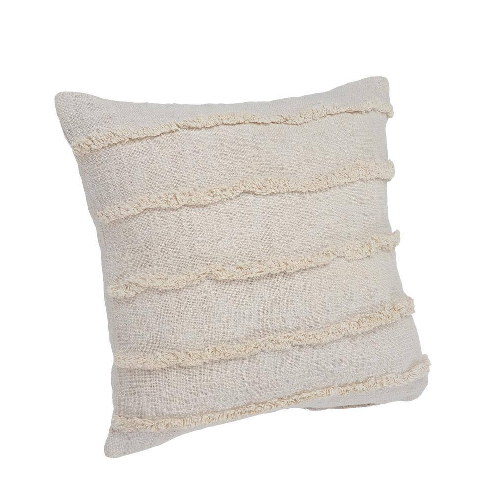 Beige Over-Tufted Fringed 20" Square Throw Pillow