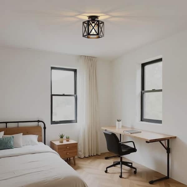 8 in. 1-Light Matte Black Industrial Semi Flush Mount Ceiling Light, Metal Cage Farmhouse Light for Entryway, Hallway