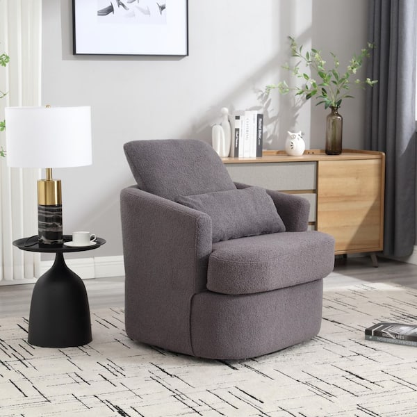 33 in. Gray Teddy Fabric Round Barrel Swivel Chair with 360° Rotation&Ergonomic Spring Support with Dual Pillow Support