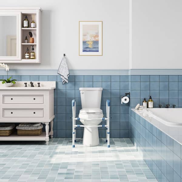 19 in. Tall 2-Piece 1.28 GPF Single Flush Elongated Toilet with Toilet Safety Rail with Adjustable Height in White