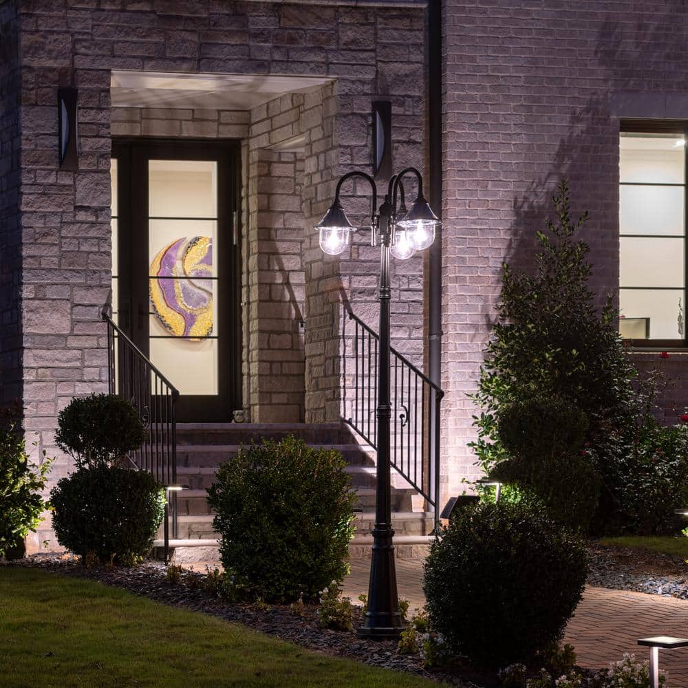 Orion Triple-Head Solar Lamp Post in Black Resin with LED, Dusk to Dawn