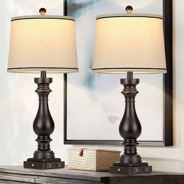 Bedside 27.5 in. Resin Black Dimmable Table Lamp Set With USB-C & USB-A Ports, Oatmeal Shade with Black Trim (Set of 2)