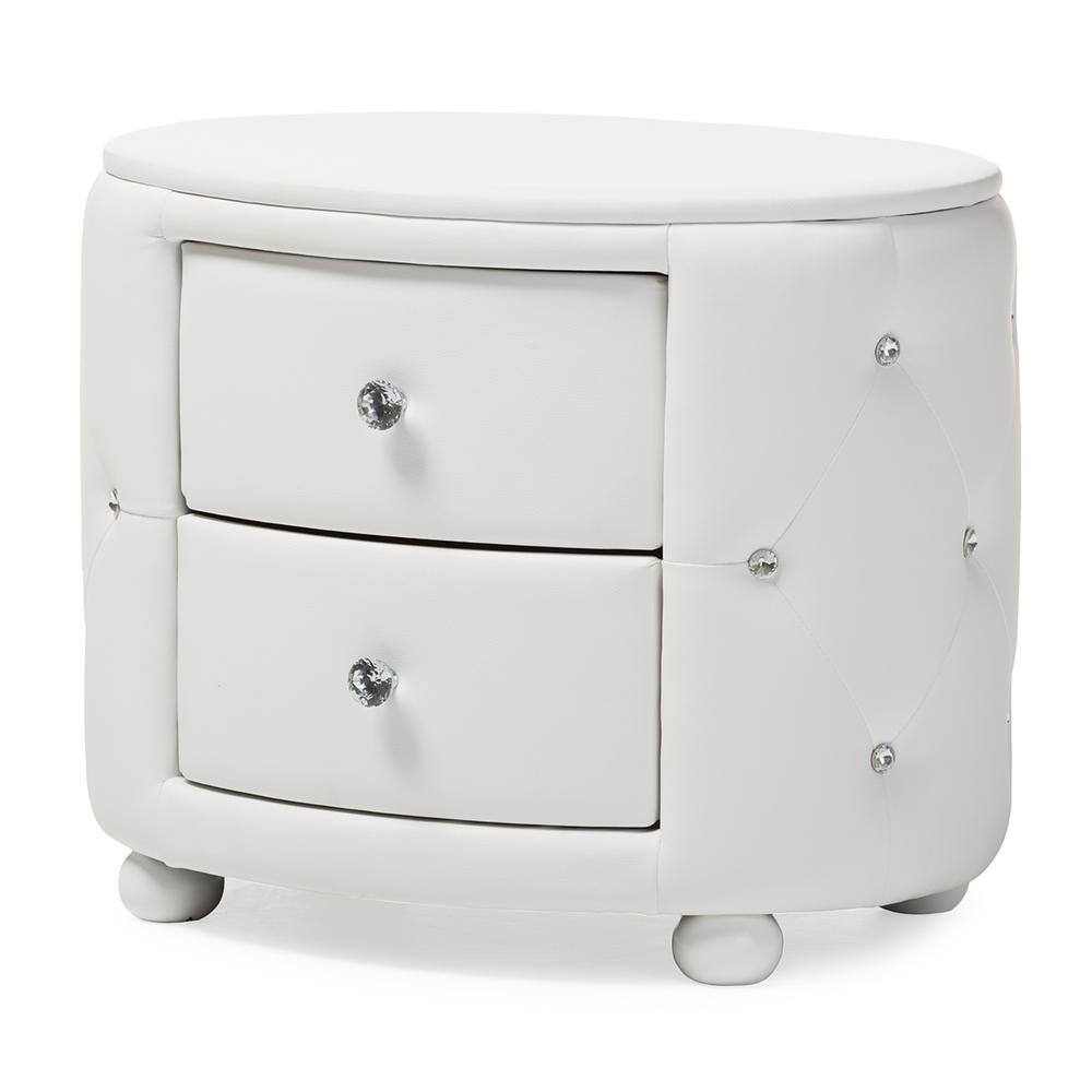 Davina Oval White Faux Leather Glamour Nightstand with Crystal Accents
