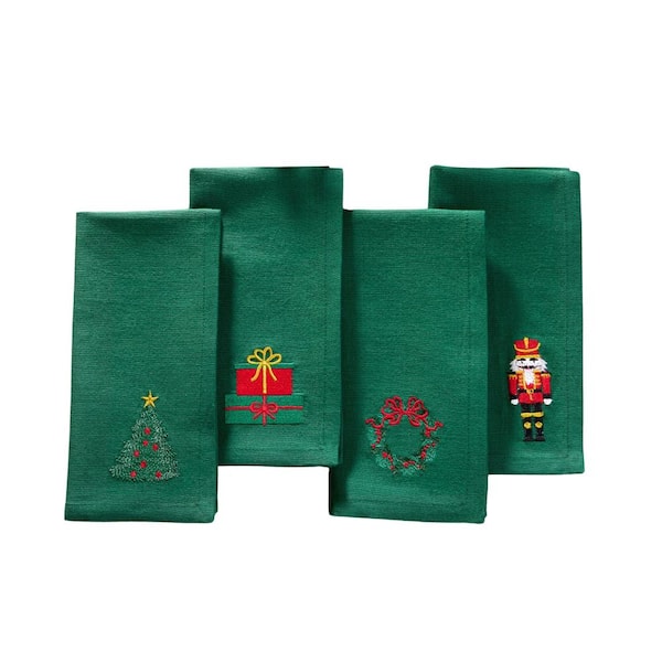 Threadmade Home Holiday Embroidered Napkins, Set of 4, Green - 17"W x 17"L