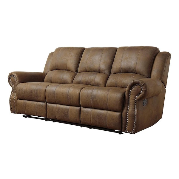 Benjara 39 in. Round Arm Microfiber Rectangle Motion with Accents Sofa in Brown
