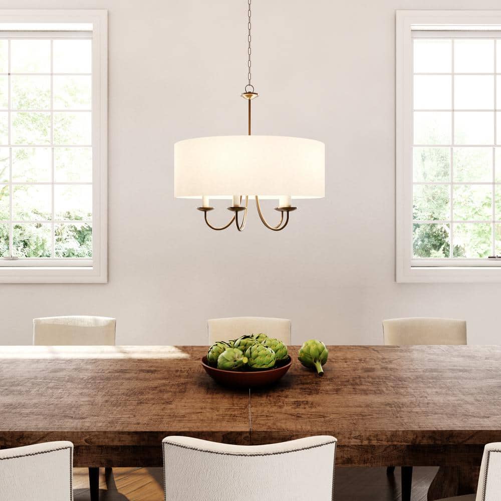 Antique Bronze Drum Shade 5-Light Pendant with White Linen