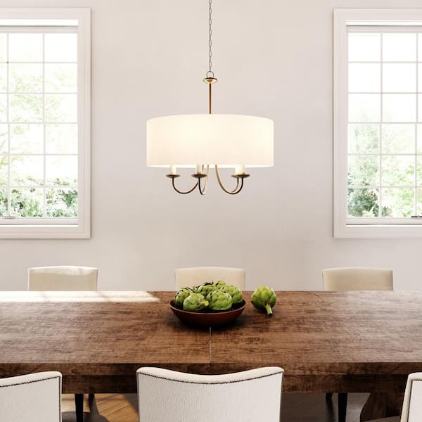 5-Light 21-1/2 in. Farmhouse Chandelier with White Textured Linen Drum Shade and Antique Bronze Light Cluster