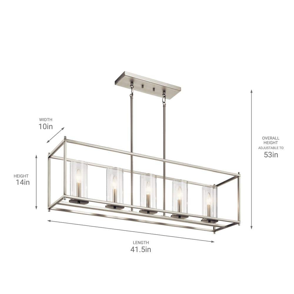 Sleek 5-Candle Linear Chandelier in Brushed Nickel with Clear Glass