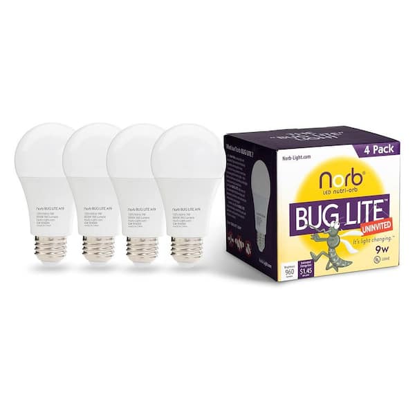 NorbBUG LITE 9W Equivalent Amber-Colored Bug Reduction Outdoor A19 2000K Bug Light Bulb (4-Pack)