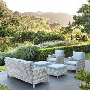 Canton Grey 5-Piece Wicker Patio Conversation Set with Baby Blue Cushions