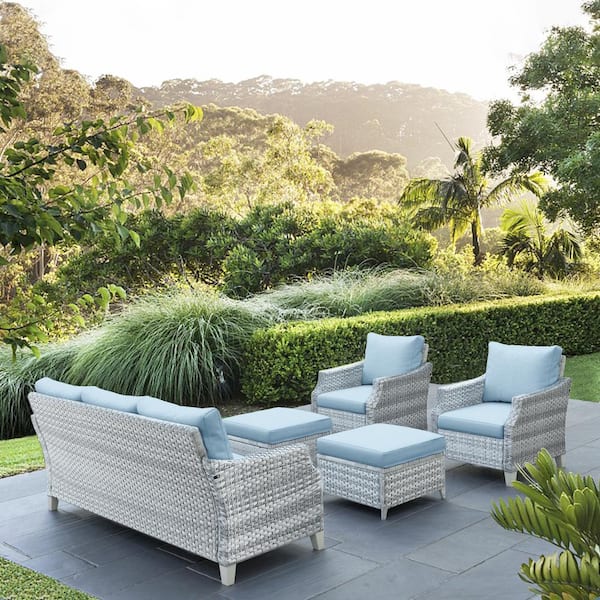 Gymojoy Canton Grey 5-Piece Wicker Patio Conversation Set with Baby Blue Cushions