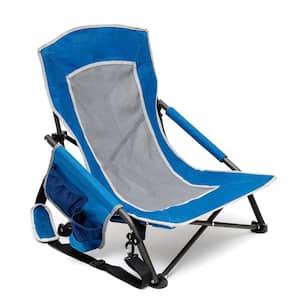 Blue Metal Patio Folding Beach Chair Lawn Chair Outdoor Camping Chair with Side Pockets and Built-In Shoulder Strap
