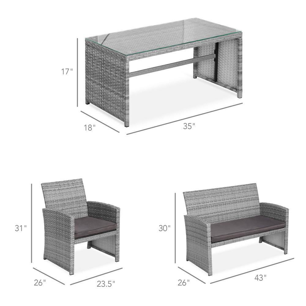 Gray 4-Piece Outdoor Wicker Patio Conversation Set with Cushions and Glass Table