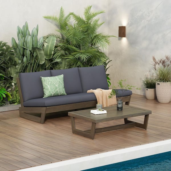 CHRISTOPHER KNIGHT HOME Paul 2-Piece Outdoor Solid Wood Patio Conversation Set with Dark Gray Cushions and Coffee Table, Gray