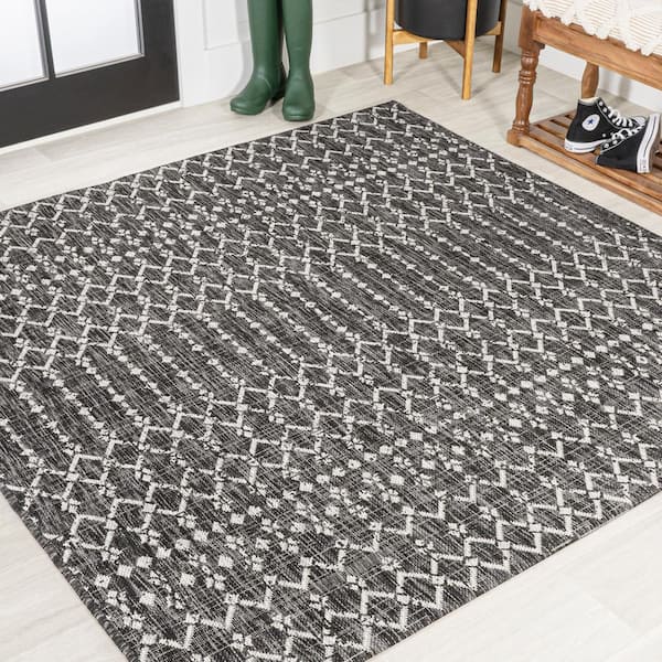 Ourika Moroccan Geometric Textured Weave Black/Gray 5 ft. Square Indoor/Outdoor Area Rug