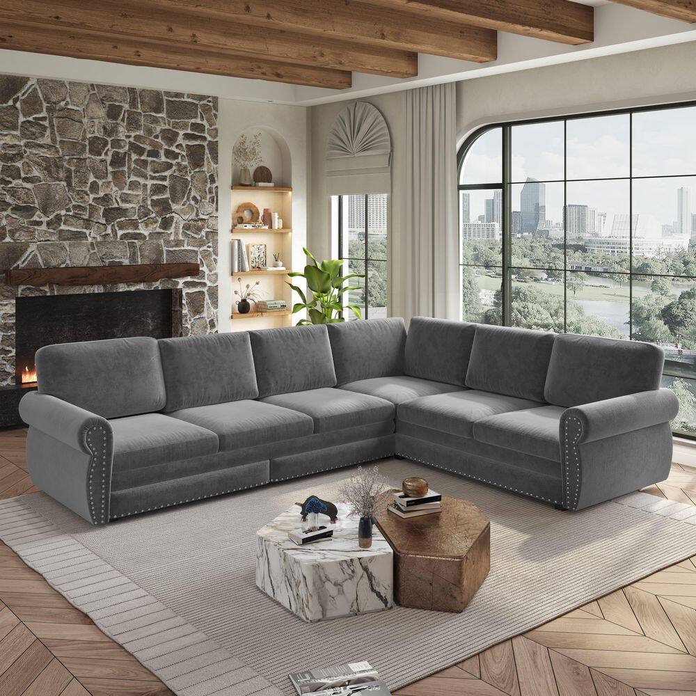 Louise 118 in. Rolled Arm Chenille Upholstered L-Shaped Sectional Sofa in. Light Grey with Pull-Out Bed, Nailhead Trim price history on PriceWatchPro