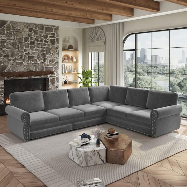 Louise 118 in. Rolled Arm Chenille Upholstered L-Shaped Sectional Sofa in. Light Grey with Pull-Out Bed, Nailhead Trim