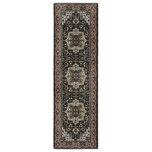 Victoria Navy/Multi-Colored Navy 2 ft. x 8 ft. Center Oriental Medallion Polyester Fringed-Edge Indoor Runner Area Rug