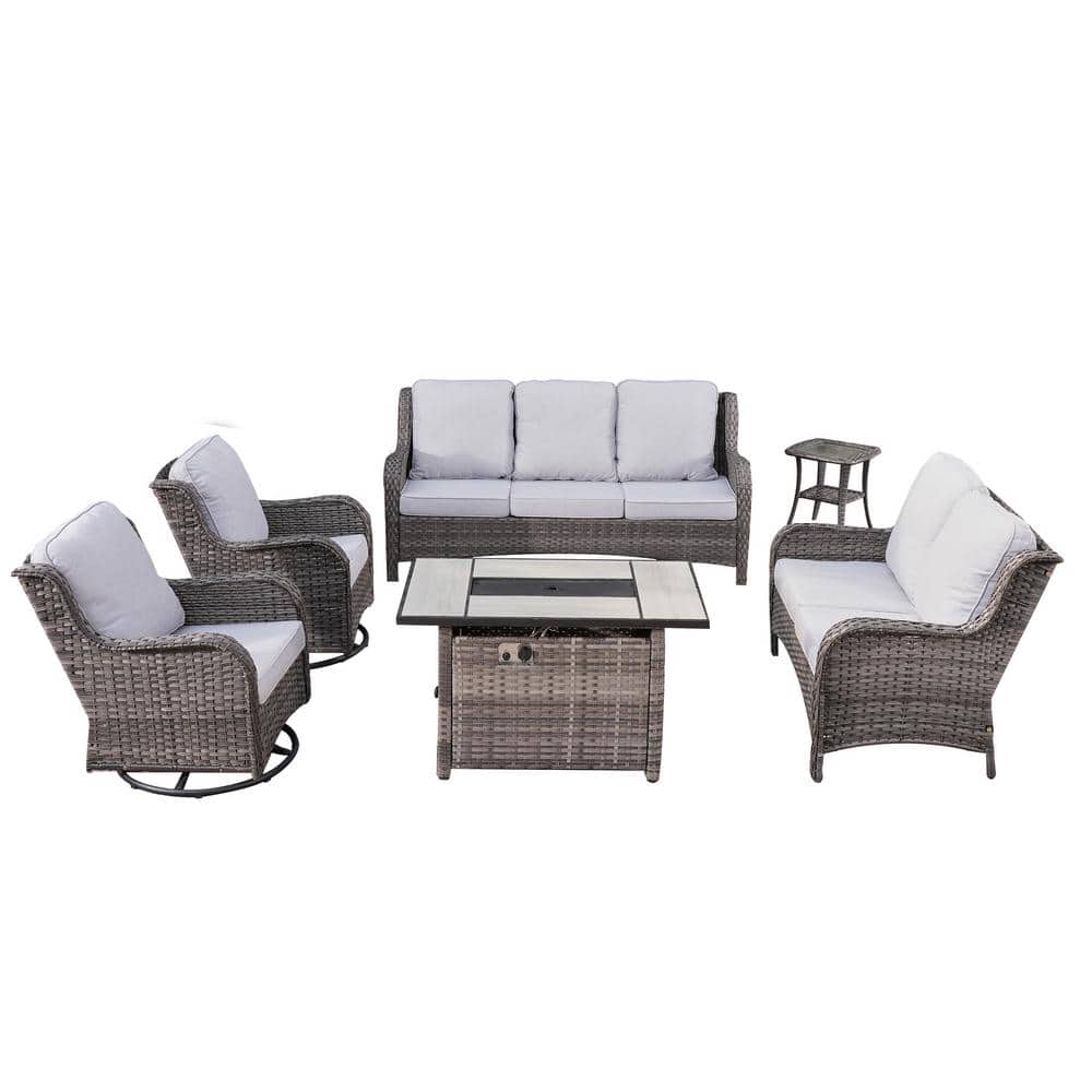Moonquake Gray 6-Piece Wicker Patio Fire Pit Set with Rectangular Gray Cushions and Swivel Rocking Chairs price history on PriceWatchPro