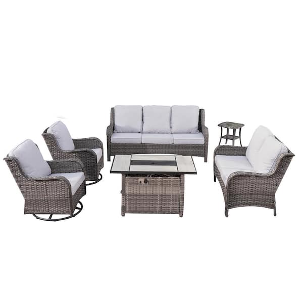 XIZZI Moonquake Gray 6-Piece Wicker Patio Fire Pit Set with Rectangular ...