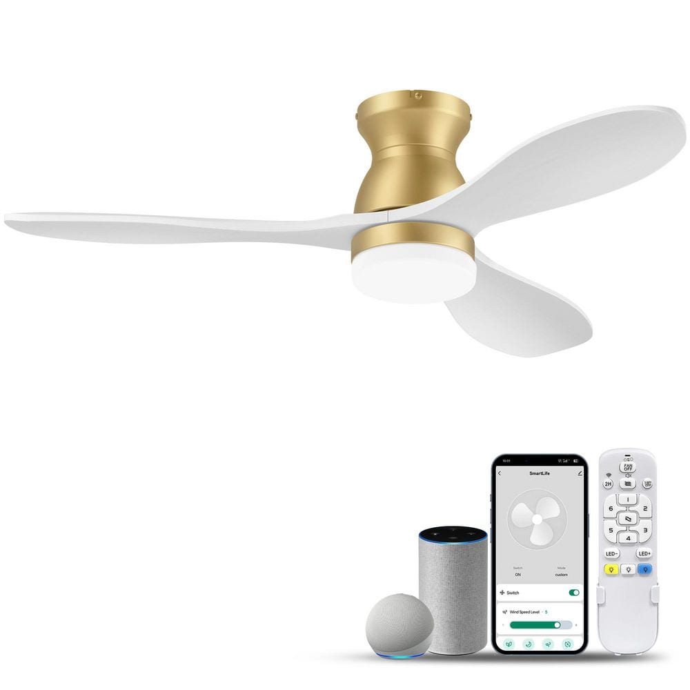 42 in. Gold Standard Outdoor Indoor Flush Mount Ceiling Fan with LED Light Wood Blades Remote/App/Voice Control DC Motor