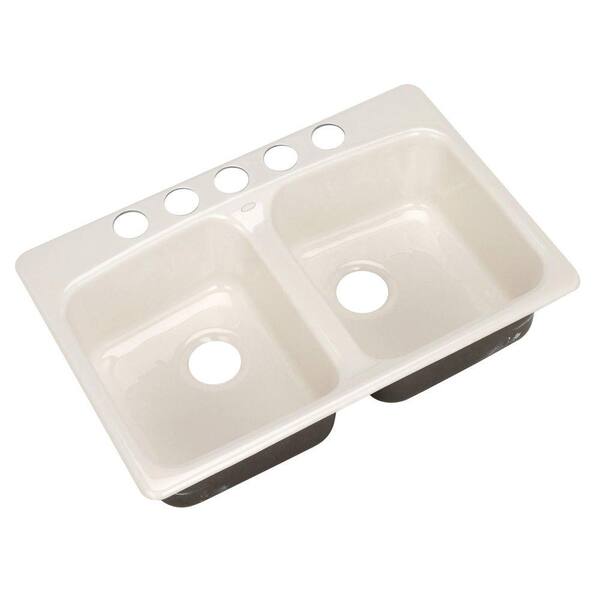 KOHLER Brookfield Undermount Cast Iron 33.in 5-Hole Double Bowl Kitchen Sink in Biscuit-DISCONTINUED