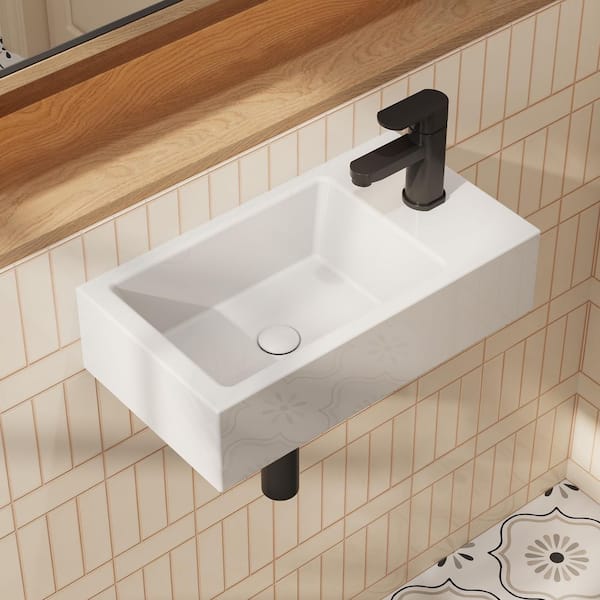 Right Hand White Ceramic Wall-Mounted Rectangle Vessel Sink Porcelain