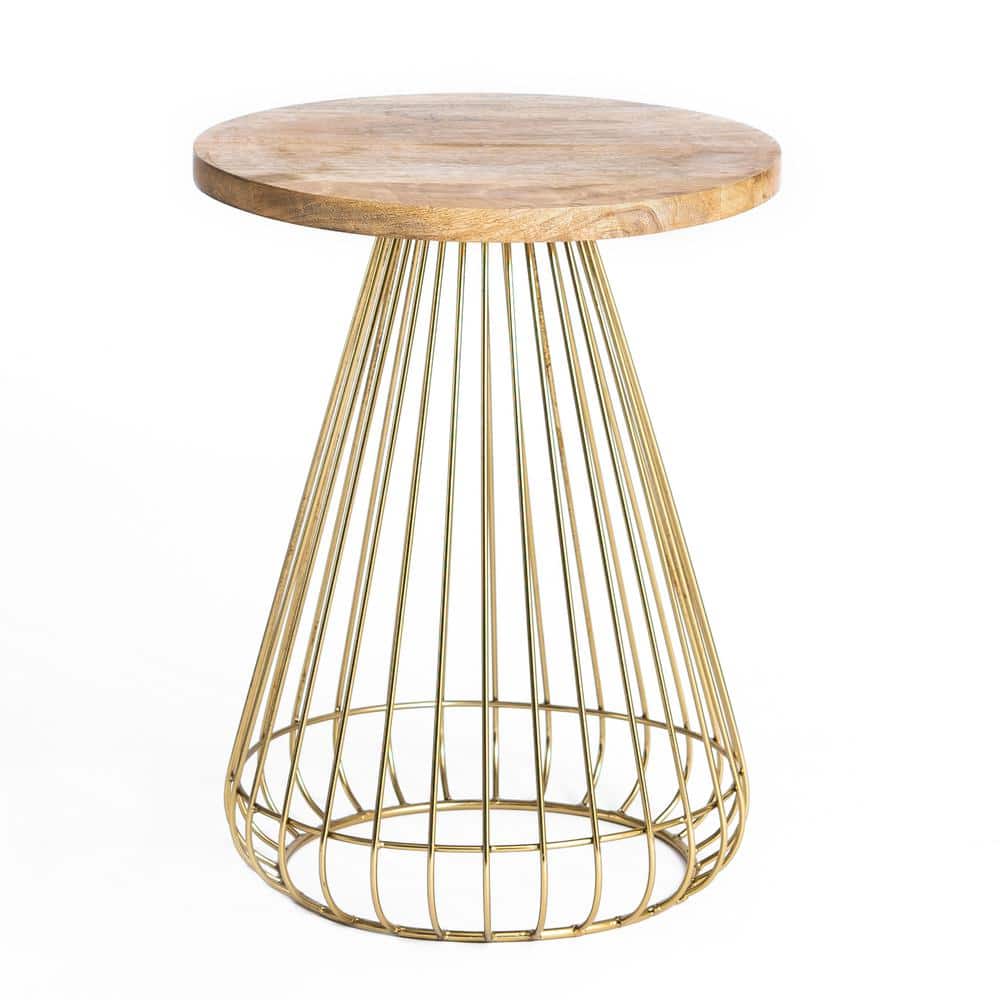 Opulent Round 20" Gold and Natural Wood Side Table