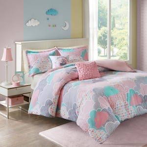 Bliss 5-Piece Pink Full/Queen Cotton Printed Duvet Cover Set