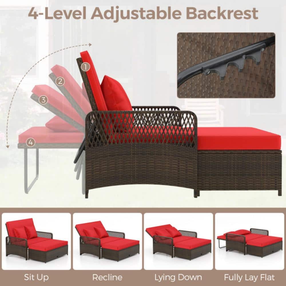 Red Adjustable Rattan Loveseat with Multifunctional Ottoman