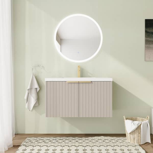 36 in. Wall-Mounted Single KHAKI Bath Vanity with White Resin Vanity Top Unassembled