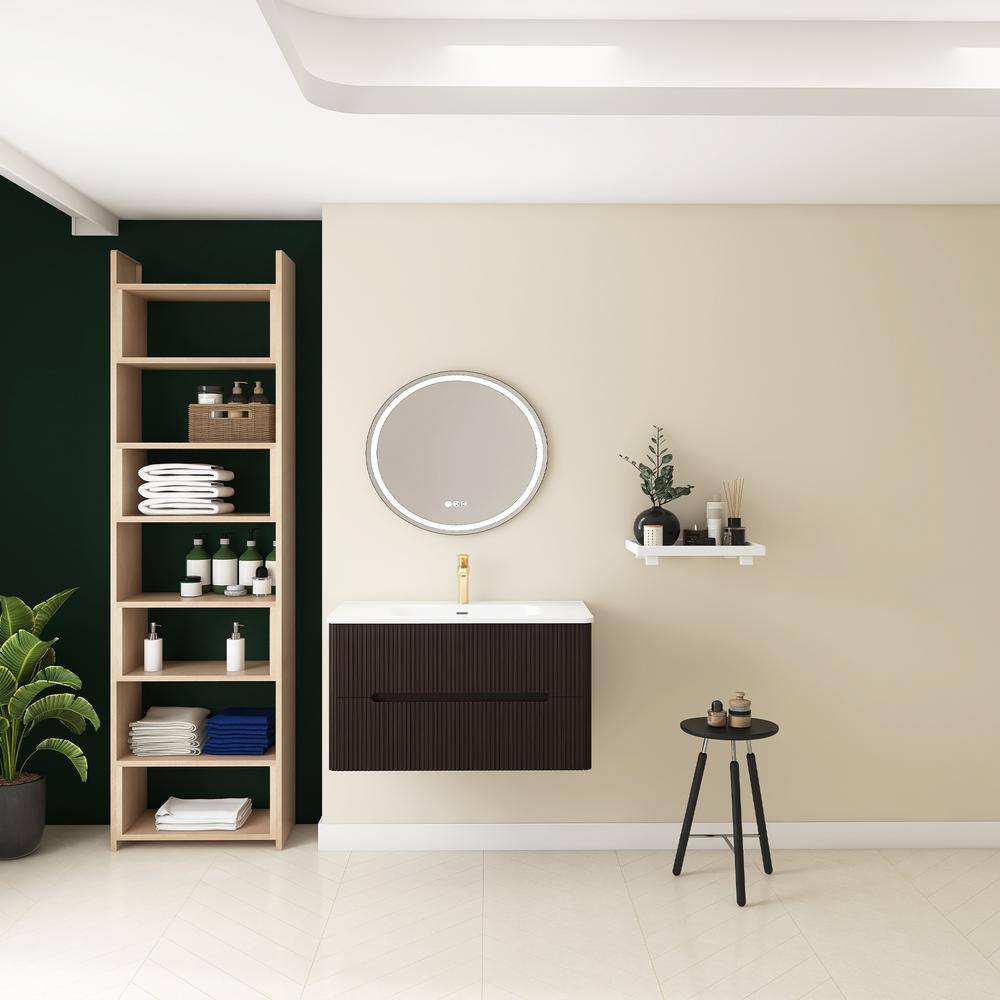 36 in. Wall-Mounted Dark Brown Bath Vanity with White Ceramic Top Assembled