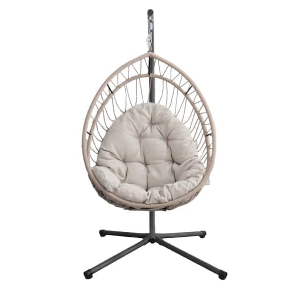 Black Metal Patio Swing with Light Gray Cushion with Stand