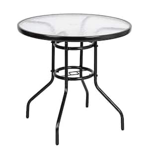 32 in. Outdoor Round Steel Tempered Glass Patio Dining Table with Umbrella Hole for Balcony Garden Deck