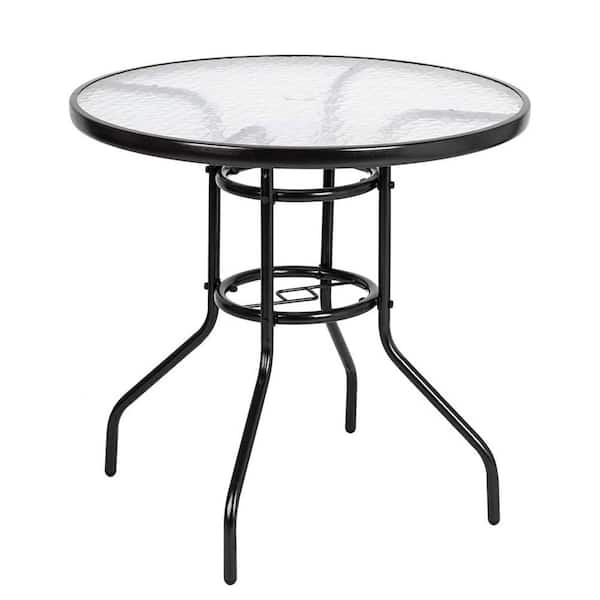 ATENGNES 32 in. Outdoor Round Steel Tempered Glass Patio Dining Table with Umbrella Hole for Balcony Garden Deck