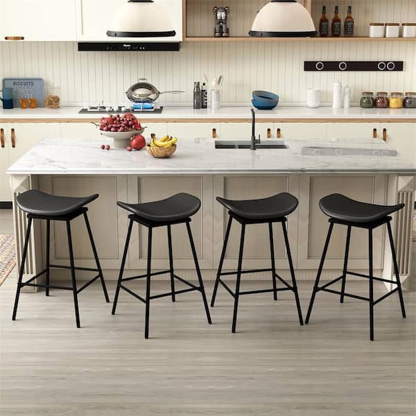 28 in. H Black Backless Metal Swivel Bar Stools with Faux Leather Set of 4 Upholstered Bar Height Chairs