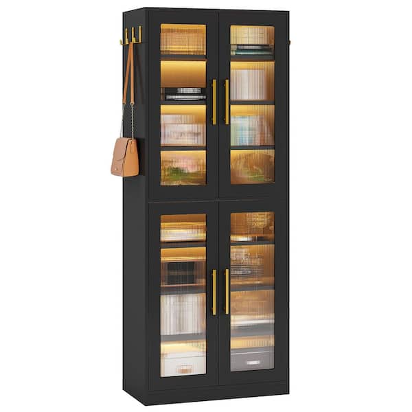 BYBLIGHT Eulas 66.93 in. Tall Black Engineered Wood 8-Shelf Bookcase Bookshelf with Door and LED Light