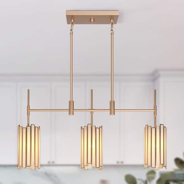 LNC Modern 30 in. 3-Light Dark Gold Linear Chandelier with White Stained Glass Shades for Kitchen Island Dining Room Pendant