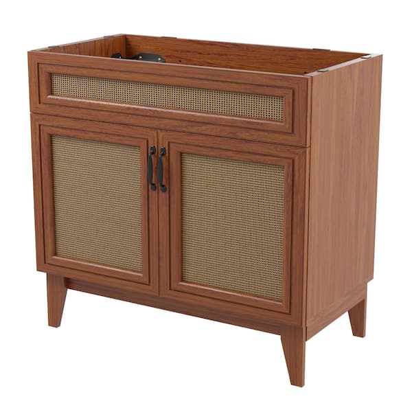 JONATHAN Y Javer 36 in. W. x 18 in. D x 33 in. H Rattan 2-Shelf Bath Vanity Cabinet without Top (Sink Basin not Included), Walnut