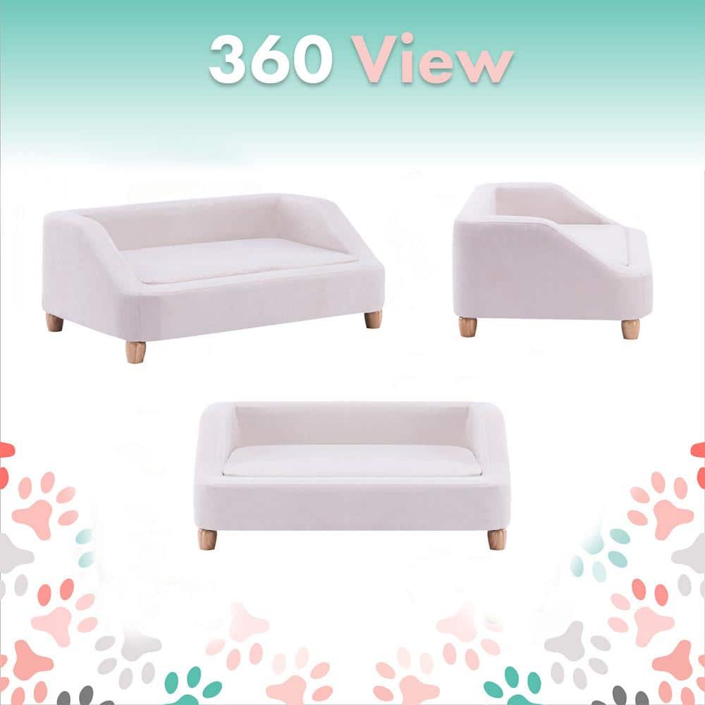 Cream Microfiber Elevated Rectangular Dog Sofa for Medium Dogs