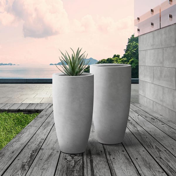 13.39 in. x 23.62 in. Round Natural Finish Lightweight Concrete and Fiberglass Planters with Drainage Holes (Set of 2)